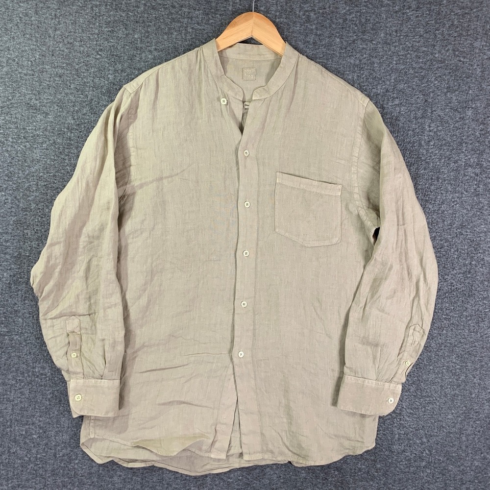 120% Lino Shirt Men Medium Beige Linen Band Collar Button Up Long Sleeve